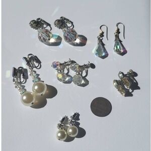 Vintage Earring Lot 6 Pairs Pearl AB Crystal Silver Tone Mixed Styles